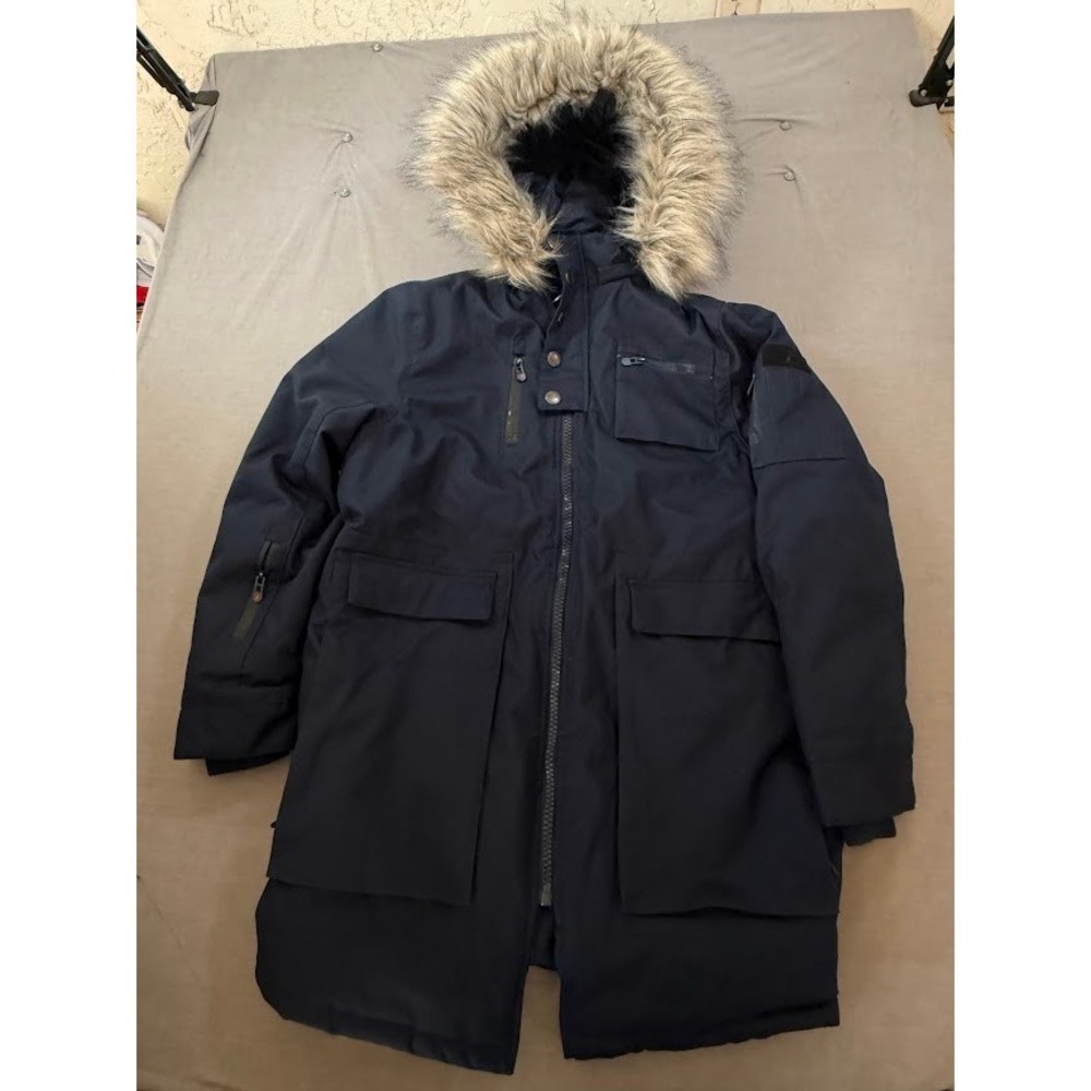 Awaknd Land Mens Black Parka Jacket Fur Hood Winter Warm Size L Long‎ Sleeve